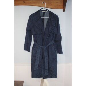 Chicos Womens Denim Trench Coat Size 2 large Open Front Belted Cotton Blend Blue